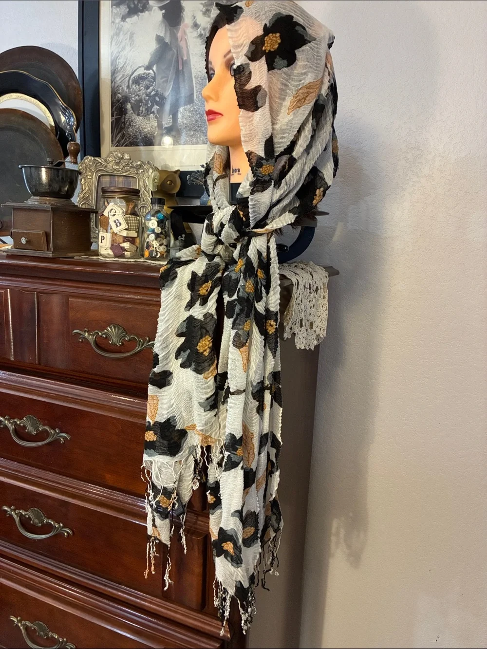 Lightweight Floral Scarf for Women - Black & Cream